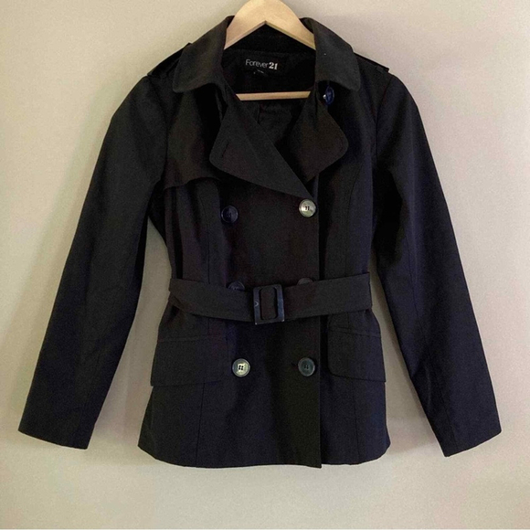Forever 21 F21 Navy Blue Short Trench Raincoat Jacket w Belt, Size Small - Picture 2 of 10